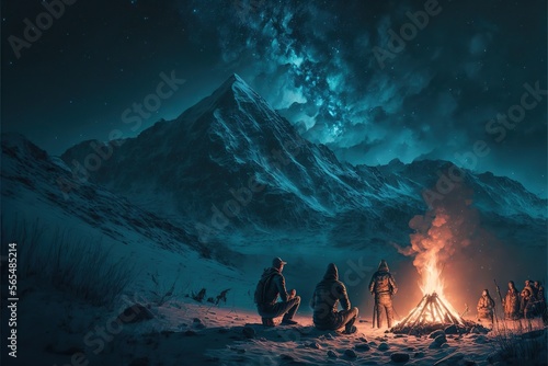 Fotografie, Tablou Tourists and hunters heated around campfire in the mountains against starry sky,