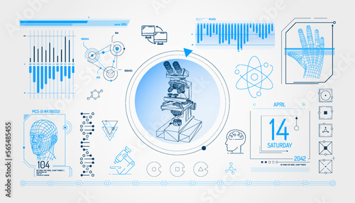Set of infographic elements about microscopy and biomedical research.