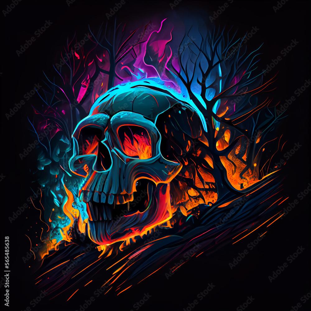 Skull in forest fire. AI generative.