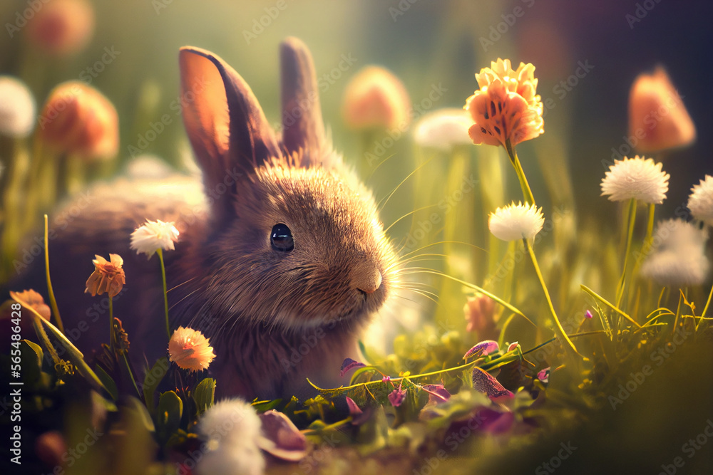 Fototapeta premium Hase mit Ostereiern im Blumenfeld - Generative Ai