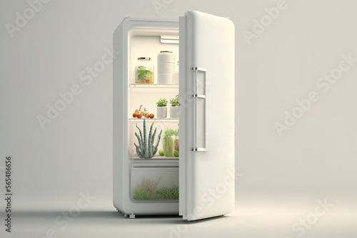 White refrigerator banner over white background. Three dimensional illustration. Minimal Generative AI