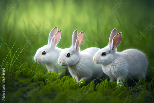 Drei weiße Hasen im Gras mit Bokeh im Hintergrund- Generative AI