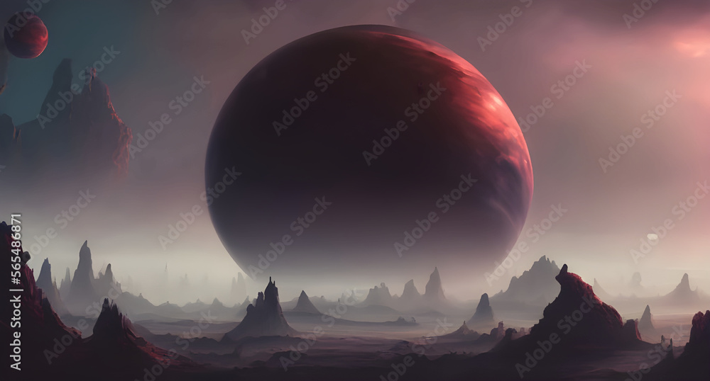 illustration of gigantic spherical rock in a fantasy environment outer planet landscape digital concept art