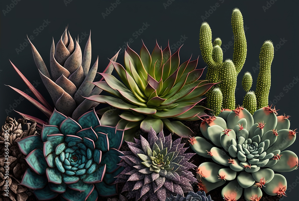 Beautiful succulent plant and cactus close up poster. Realistic composition. Generative AI Illustration Beautiful succulent plant and cactus close up poster. Realistic composition. Generative AI Illustration