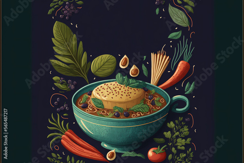Illustration cookbook cover with veggie soup. photo