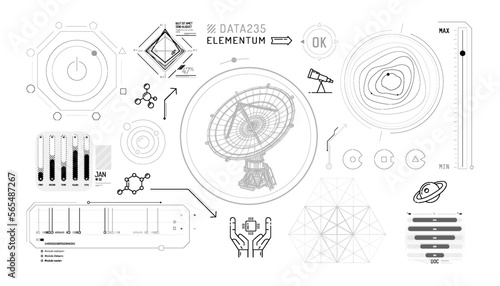 Set of infographic elements about radio astronomy and space observation.
