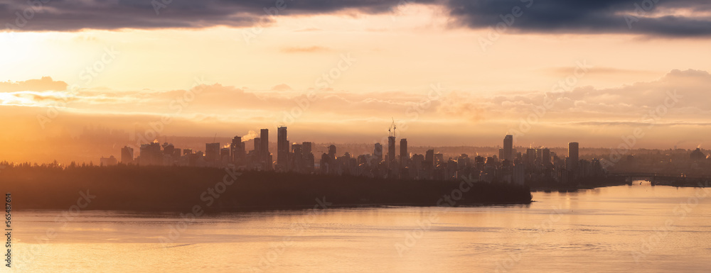Fototapeta premium Modern City Skyline in Downtown Vancouver, British Columbia, Canada. Golden Winter Sunrise Sky.