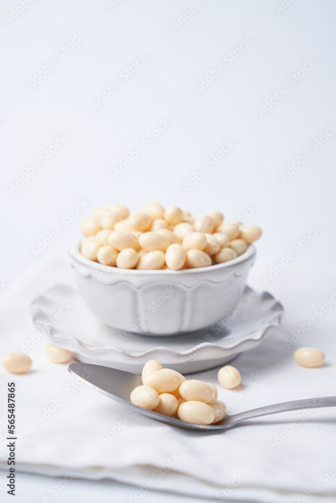 Probiotic and lactobacillus supplement pills in a bowl with a white background Probiotic and lactobacillus supplement pills in a bowl with a white background