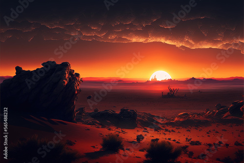 Sunset over a desert landscape, with red and orange hues illuminating the sky, sunset, sky, sun, sunrise, clouds, sea, nature, water, orange, cloud, red, landscape, ocean, beach, dusk, sunlight, 