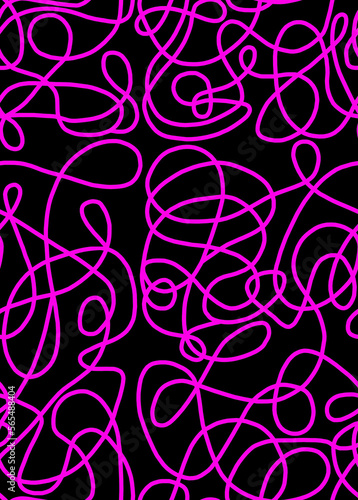 A hand-drawn drawing with purple lines on a black background.Doodle and abstract design on seamless background.