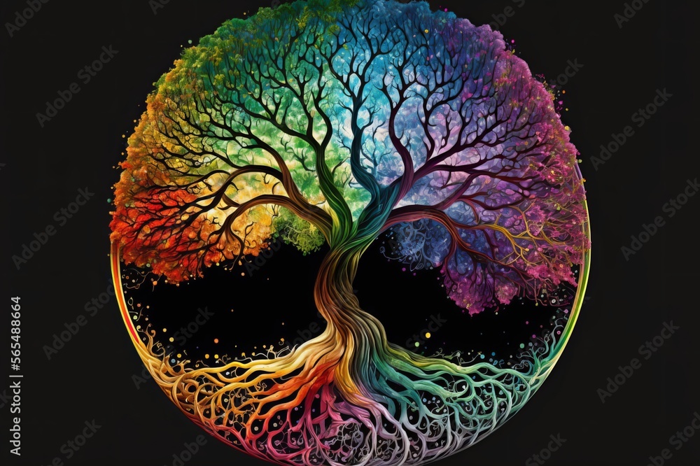 Fototapeta premium Tree of Life in the shape of the Moon - displayed as a rainbow in the Night - Ai Art