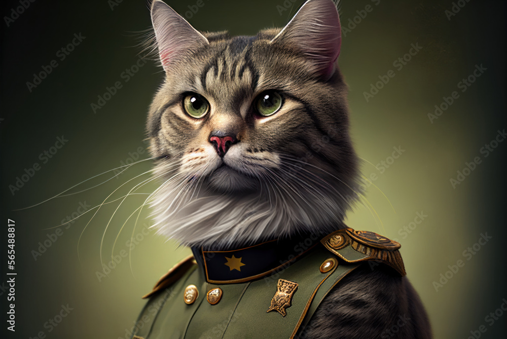 Portrait of a cat in a military uniform ready serve and protect, on a dark background, generative ai Portrait of a cat in a military uniform ready serve and protect, on a dark background, generative ai
