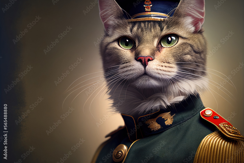 Portrait of a cat in a military uniform ready serve and protect, on a dark  background, generative ai Stock Illustration | Adobe Stock