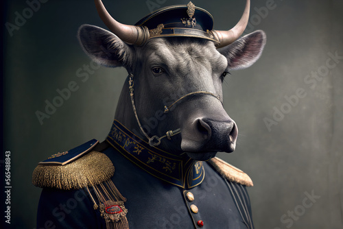 Portrait of a bull in a military uniform ready to serve and protect, on a dark background, generative ai photo