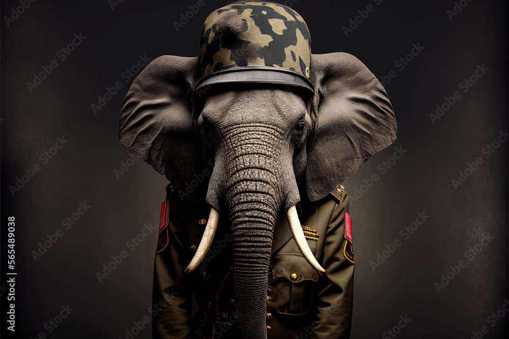 Portrait of a elephant in a military uniform ready to serve and protect, on a dark background, generative ai