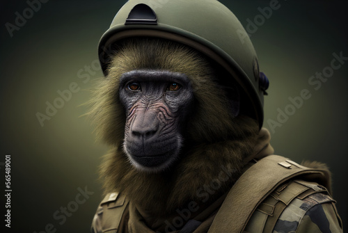 Portrait of a baboon in a military uniform ready serve and protect, on a dark background, generative ai