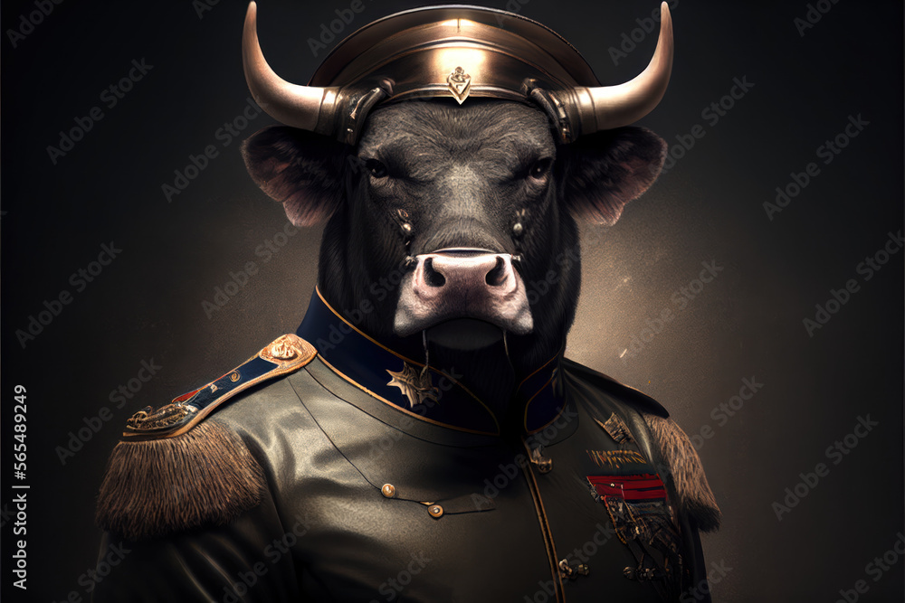 Portrait of a bull in a military uniform ready to serve and protect, on a dark background, generative ai