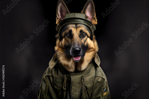 Portrait of a dog in a military uniform ready to serve and protect  on a dark background  generative ai