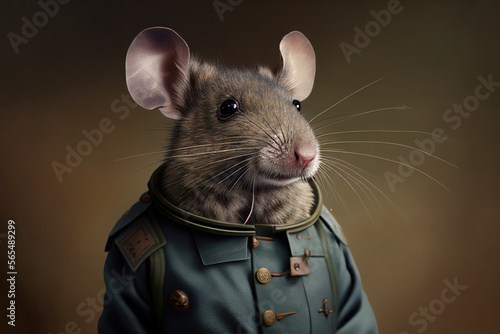 Portrait of a mouse in a military uniform ready to serve and protect, on a dark background, generative ai