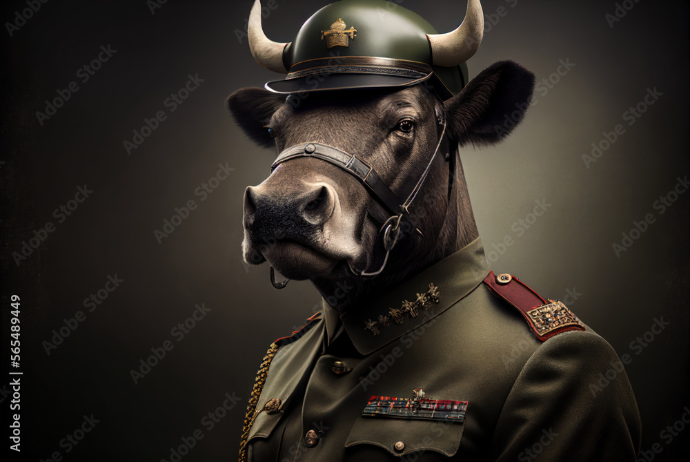 Portrait of a bull in a military uniform ready to serve and protect, on a dark background, generative ai Portrait of a bull in a military uniform ready to serve and protect, on a dark background, generative ai