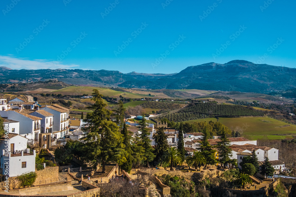 Obraz premium View of buildings on top of gorge in Ronda with mountains on background, Spain.