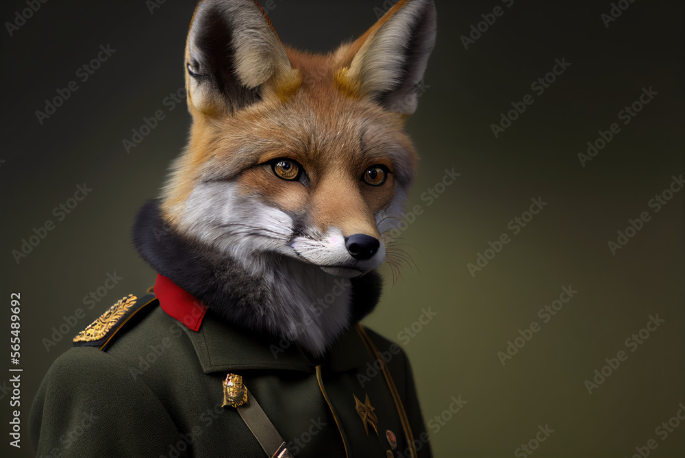 Portrait of a fox in a military uniform ready to serve and protect, on a dark background, generative ai