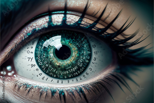 close-up of an eye with numbers. concept of future, intelligence, matrix, metaverse. Ai generated