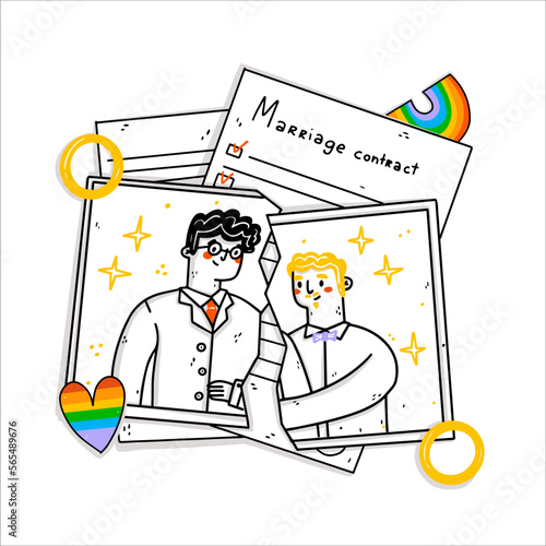 Tear apart wedding photo on white background. LGBT Break up, end of Marriage and divorce concept. Two men, crisis of couple. A split in a relationship. Vector hand drawn cartoon illustration.