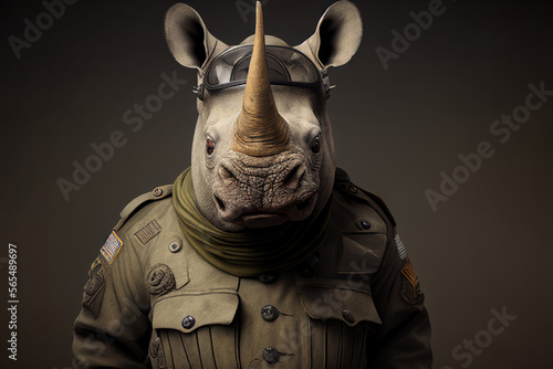 Portrait of a rhinoceros in a military uniform ready to serve and protect, on a dark background, generative ai