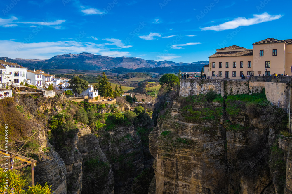 RONDA, SPAIN - DECEMBER 15, 2022: View of famous restaurant on gorges in Ronda, Spain