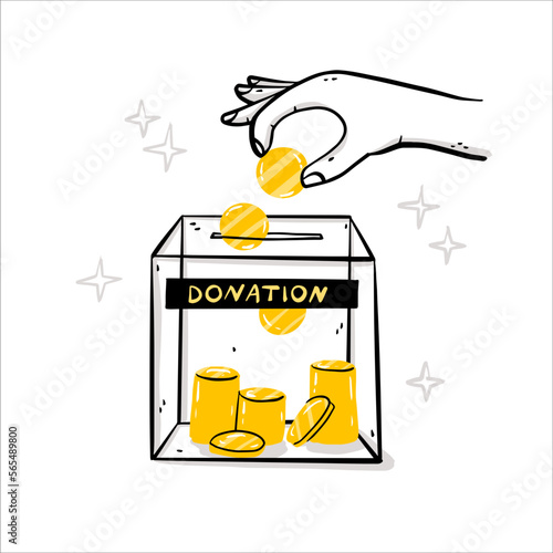 Human hand putting golden coin into transparent money box vector illustration. Philanthropist arm hold cash surrounded. Concept of donation, charity and saving money. Human throws gold coin in box.