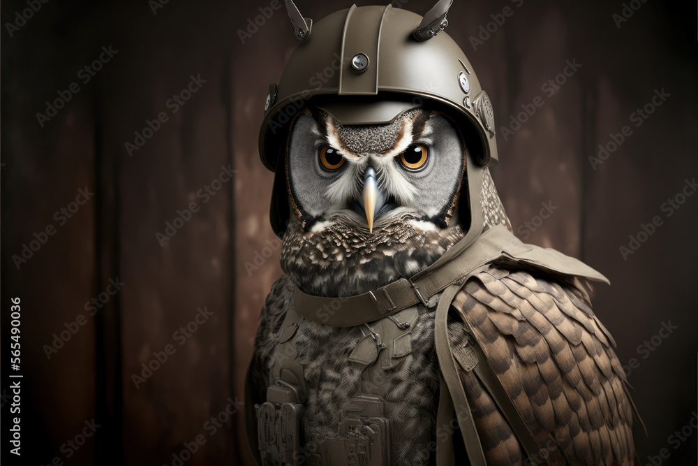 Portrait of a owl in a military uniform to ready serve and protect, on a dark background, generative ai