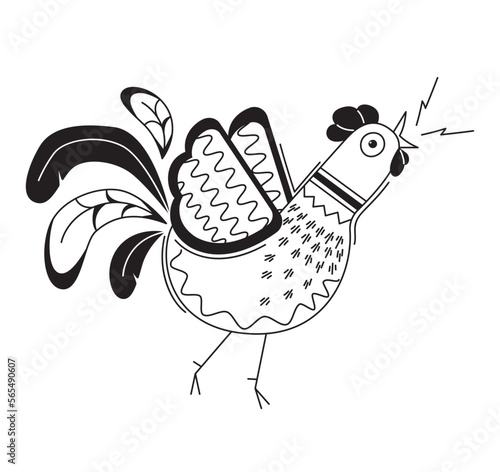 Cute rooster. Hand drawn bird in cartoon style. Line art doodle. Detailed ornamented illustration, with beautiful decorations for coloring book. Vector isolated.