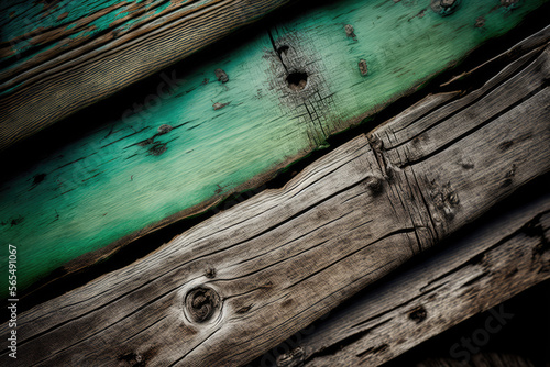 Green and bronze grunge wooden background, weathered wooden planks texture, nautre backdrop, generative ai photo