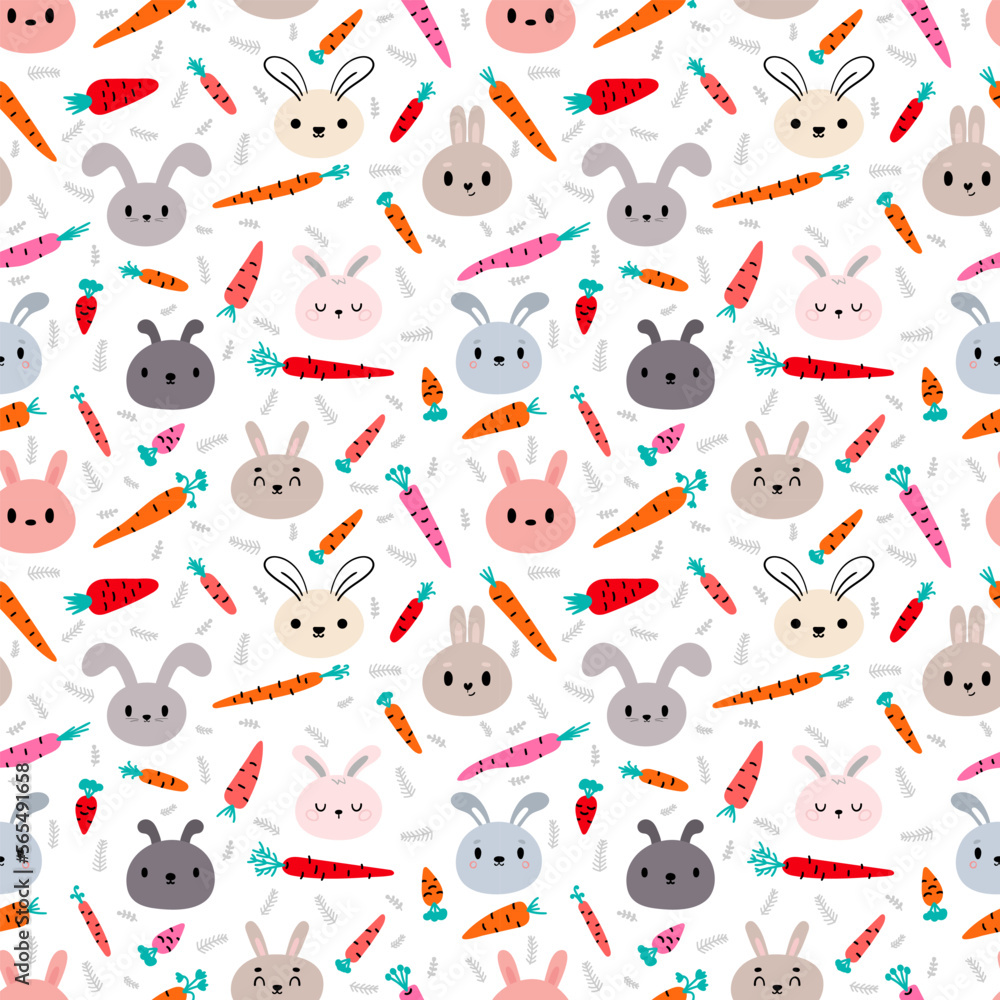 Cute seamless pattern with bunnies and carrots. Hand drawn background with rabbits. Nursery style
