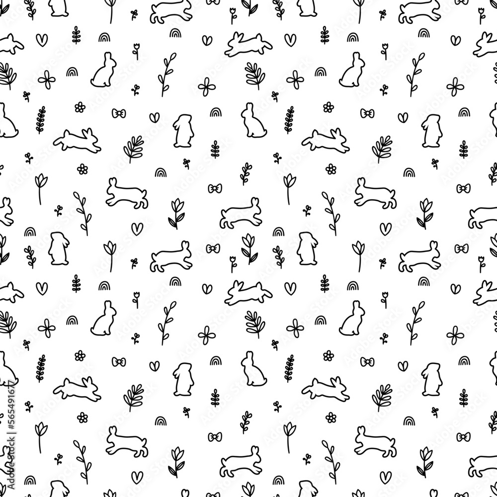 Hand drawn seamless pattern with rabbits silhouettes. Hare, cute bunny. Easter. Background with animals