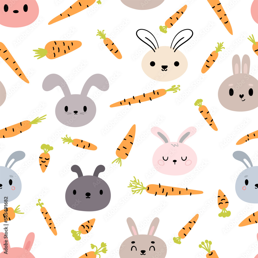 Obraz premium Seamless pattern with cute little bunnies and carrots. Hand drawn background with cartoon rabbits. Nursery style