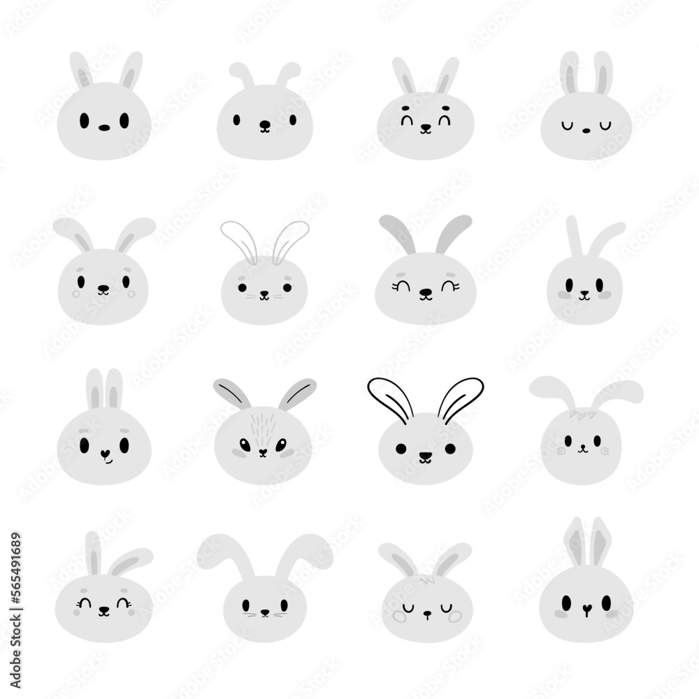Naklejka premium Set of cute kawaii rabbits. Cartoon character. Funny doodle bunny. Easter, New Year theme