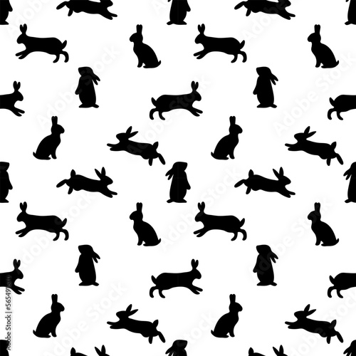 Hand drawn seamless pattern with hares silhouettes. Rabbit, bunny. Background with black animals