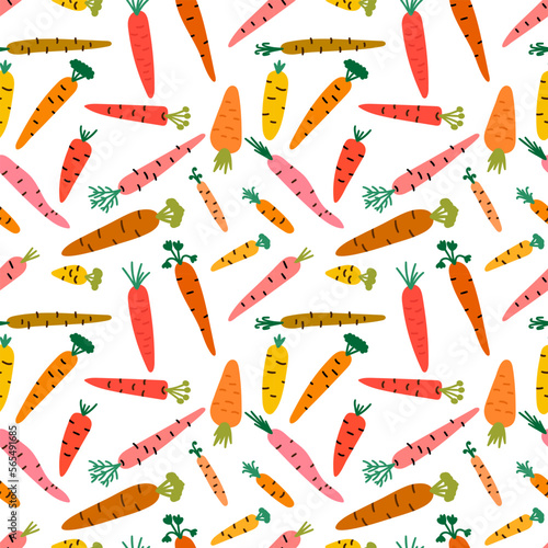 Seamless pattern with hand drawn carrots. Vegetarian ornament. Healthy food. Cartoon vegetables