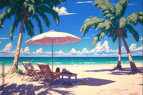 Tropical Anime Beach with sunchairs and umbrellas  Abstract Art  Digital Illustration  Generative AI