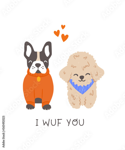 Two cute dogs in love sitting together with hearts floating. Valentine's day pets card design. Hand drawn vector illustration.