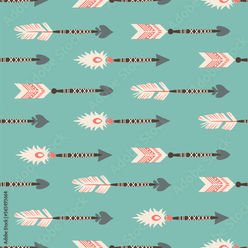 Seamless pattern with arrows and white feathers for Valentine's day. Background for fabric design, wallpaper, wrapping paper and other printing. Design for a greeting card, invitation and print.