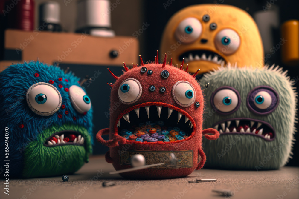 cute little angry embroidered monsters, Generative AI