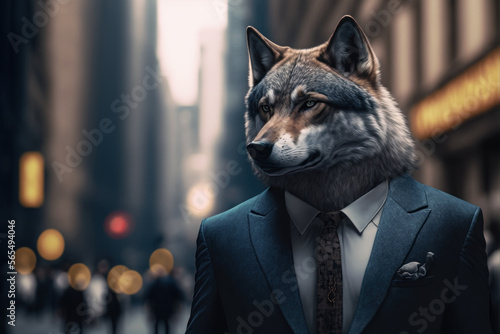 portrait of a wolf in a business suit on Wall Street, generative ai