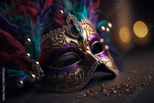 a colorful venetian mask with feathers on dark background, Generative AI