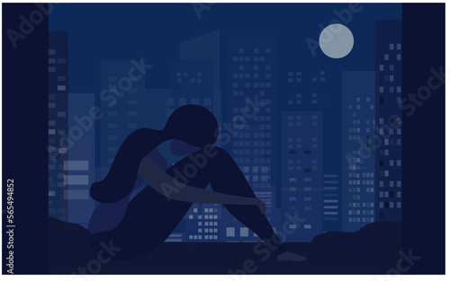 Insomnia woman sitting on bed at night vector illustration. Sleepless woman suffering from insomnia and depression concept