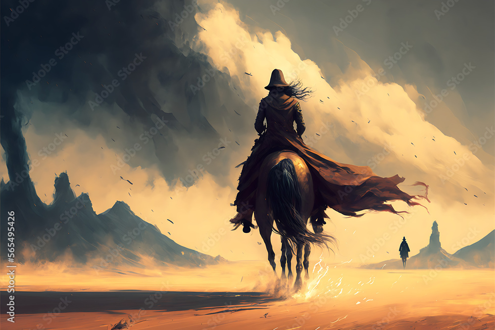 woman riding a horse to the storm, digital art style, illustration painting, generative AI