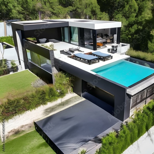 A luxury modern house with a private pool and a sleek black exterior2, Generative AI photo