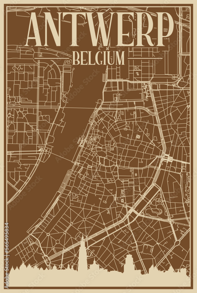 Brown hand-drawn framed poster of the downtown ANTWERP, BELGIUM with highlighted vintage city skyline and lettering